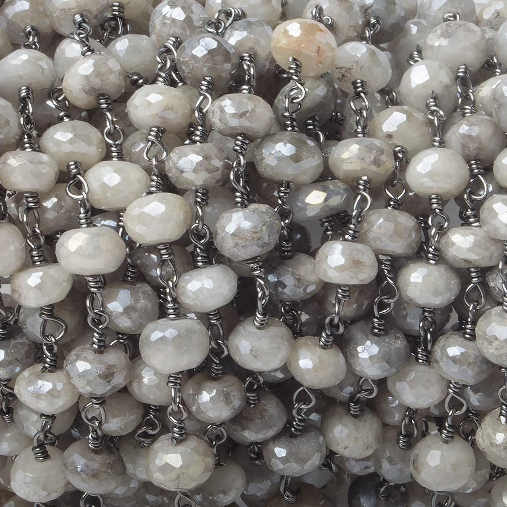 7-7.5mm Mystic Platinum Grey Moonstone faceted rondelle Black Gold Chain by the foot 24 pcs