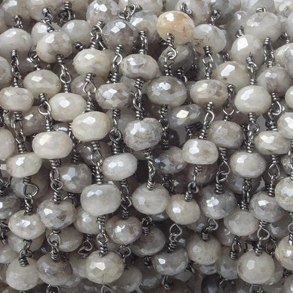 7-7.5mm Mystic Platinum Grey Moonstone faceted rondelle Black Gold Chain by the foot 24 pcs