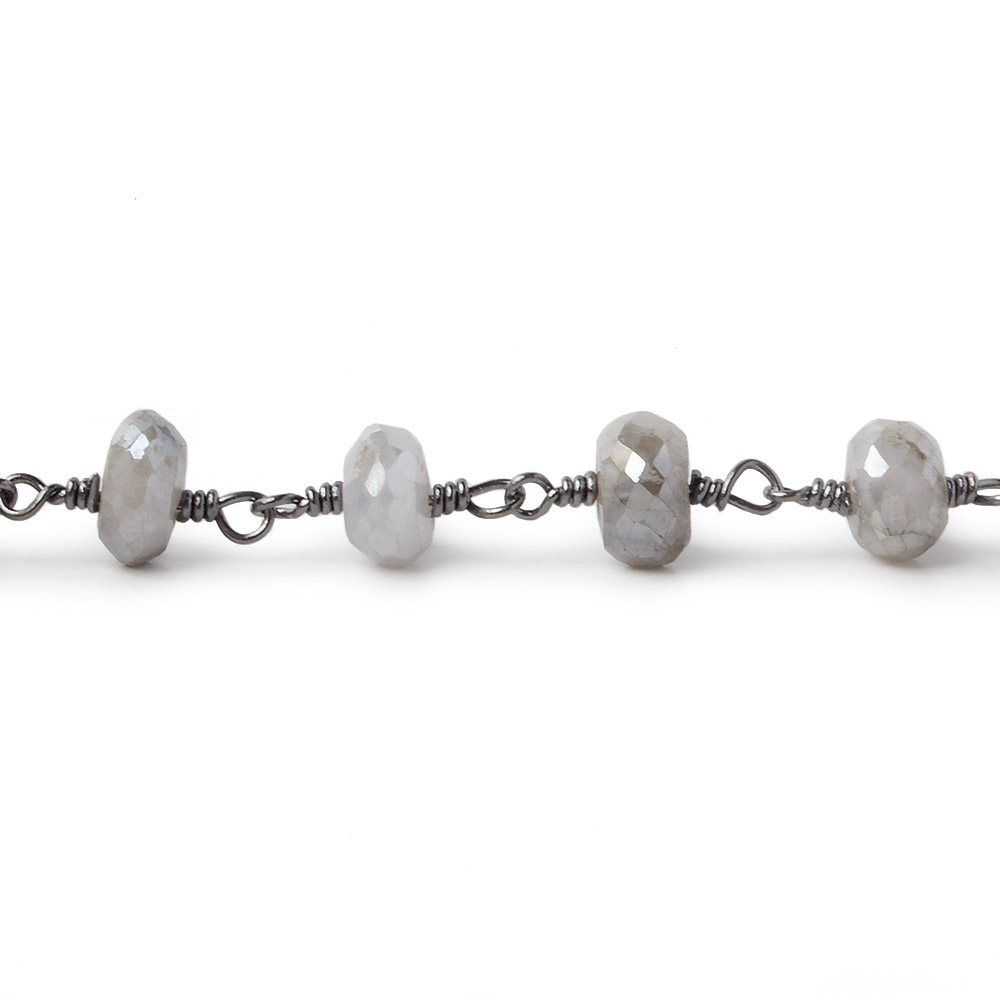 7-7.5mm Mystic Platinum Grey Moonstone faceted rondelle Black Gold Chain by the foot 24 pcs