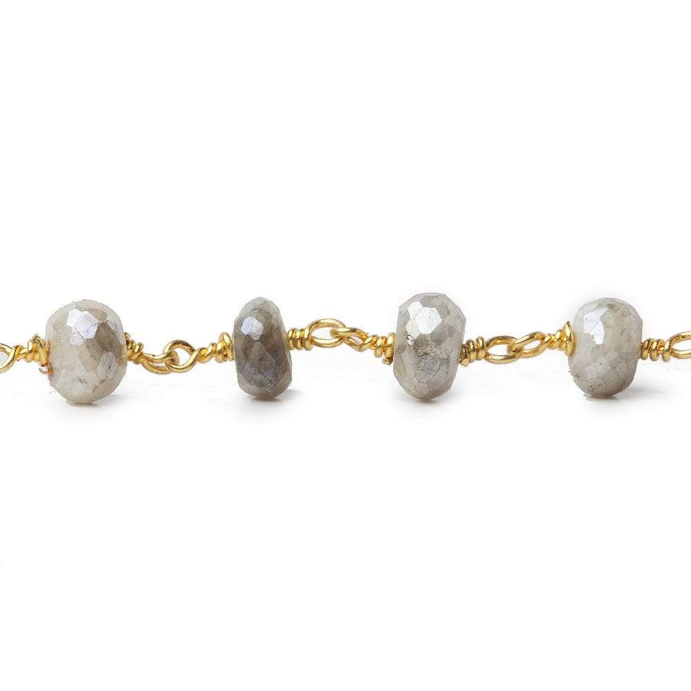 7-7.5mm Mystic Platinum Grey Moonstone faceted rondelle Gold Chain by the foot 24 pcs