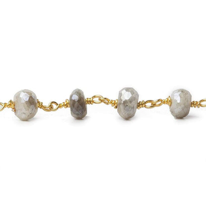 7-7.5mm Mystic Platinum Grey Moonstone faceted rondelle Gold Chain by the foot 24 pcs