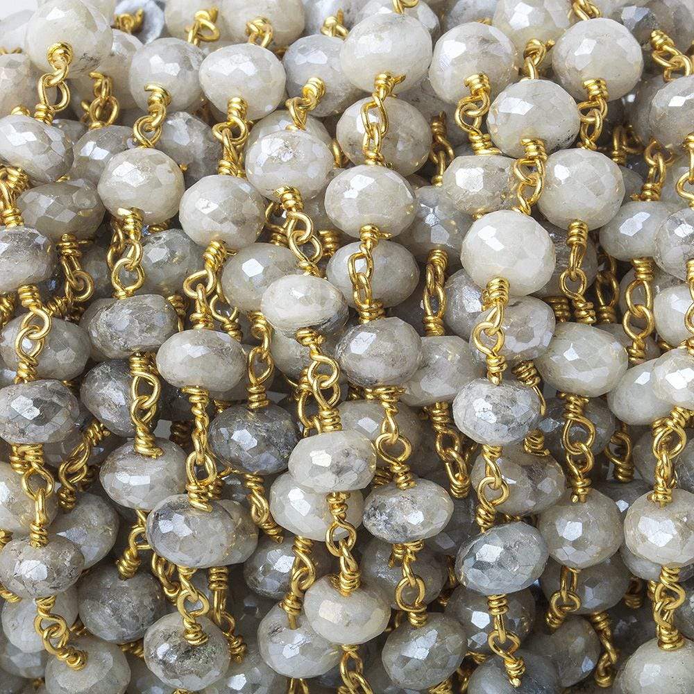 7-7.5mm Mystic Platinum Grey Moonstone faceted rondelle Gold Chain by the foot 24 pcs