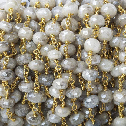 7-7.5mm Mystic Platinum Grey Moonstone faceted rondelle Gold Chain by the foot 24 pcs