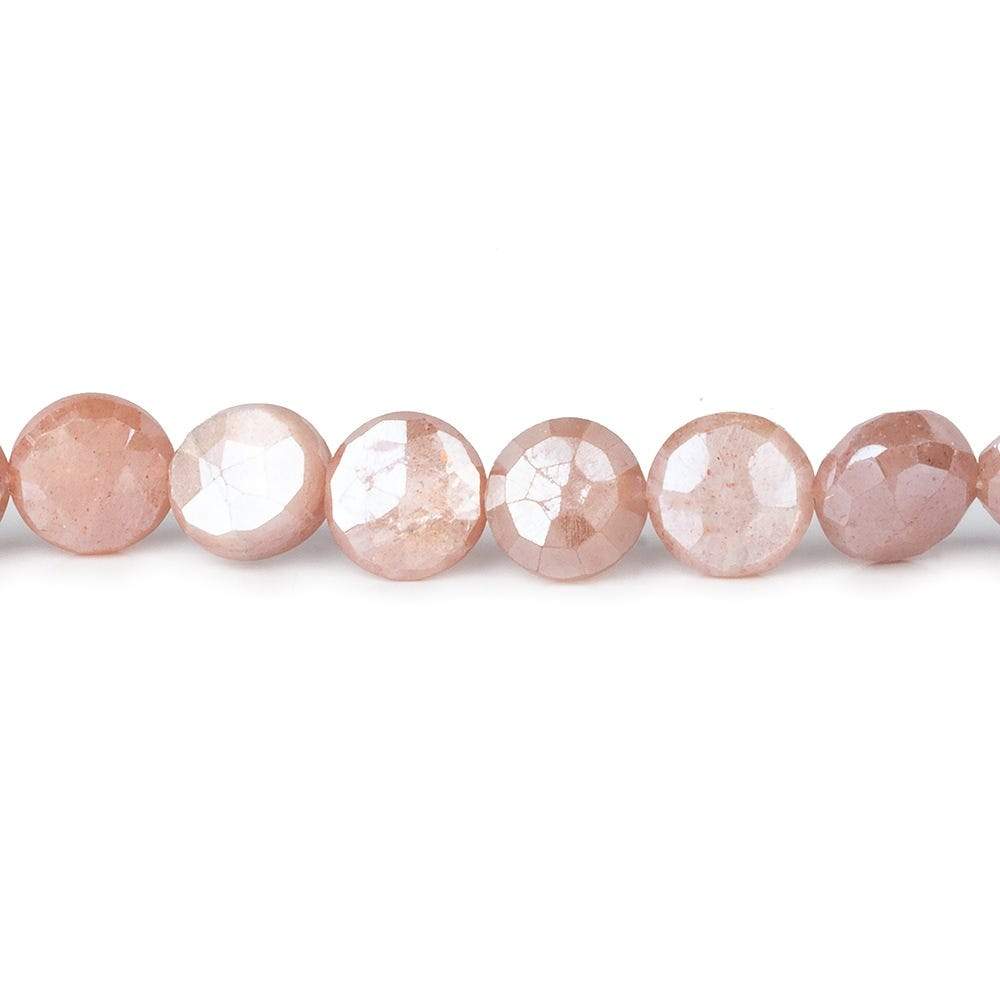 7-8.5mm Mystic Dark Peach Moonstone faceted coins 14 inch 42 beads