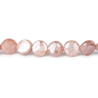 7-8.5mm Mystic Dark Peach Moonstone faceted coins 14 inch 42 beads