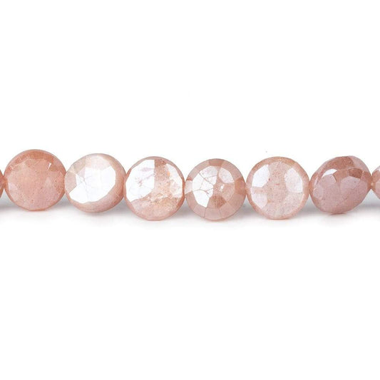 7-8.5mm Mystic Dark Peach Moonstone faceted coins 14 inch 42 beads