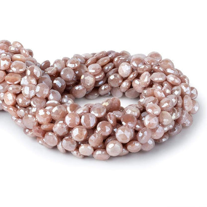 7-8.5mm Mystic Dark Peach Moonstone faceted coins 14 inch 42 beads