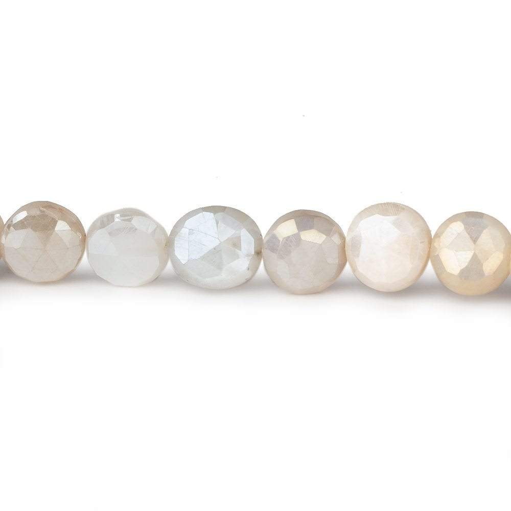 7-8.5mm Mystic Light Off White Moonstone faceted coins 14 inch 42 beads