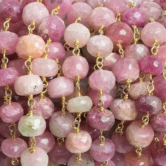 7-8mm Pink Tourmaline faceted rondelle Gold Chain by the foot 27 beads