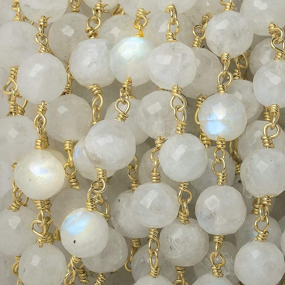 7-8mm Rainbow Moonstone faceted round Gold Chain by the foot 23 pieces