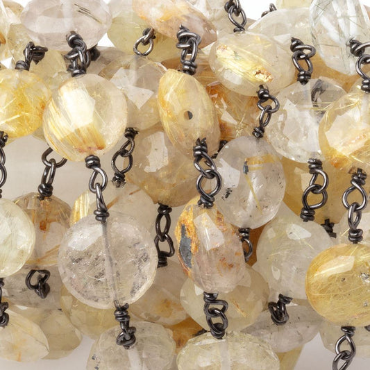 7-8mm Rutilated Quartz Faceted Coins on Black Gold over .925 Silver Chain