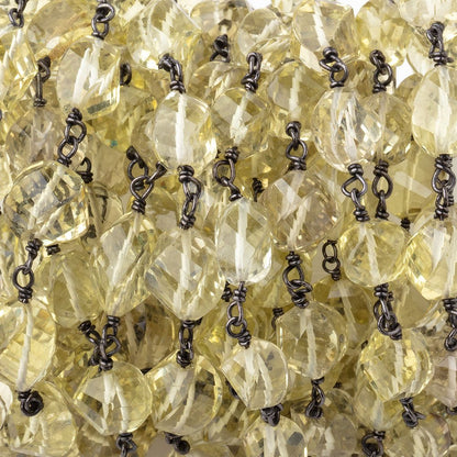 7-9mm Lemon Quartz Faceted Twist Beads on Black Gold over .925 Silver Chain