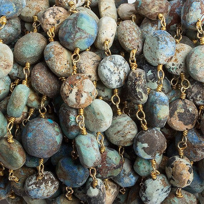 7-9mm Matte Chrysocolla Coins Gold Chain by the foot 21 beads