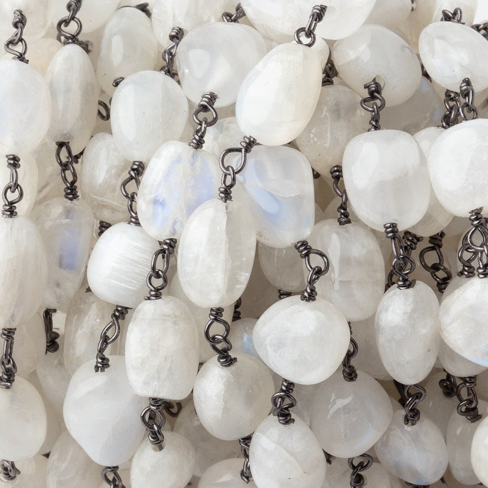7-9mm Rainbow Moonstone Plain Nuggets on Black Gold over .925 Silver Chain