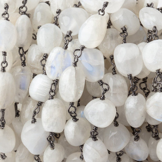 7-9mm Rainbow Moonstone Plain Nuggets on Black Gold over .925 Silver Chain
