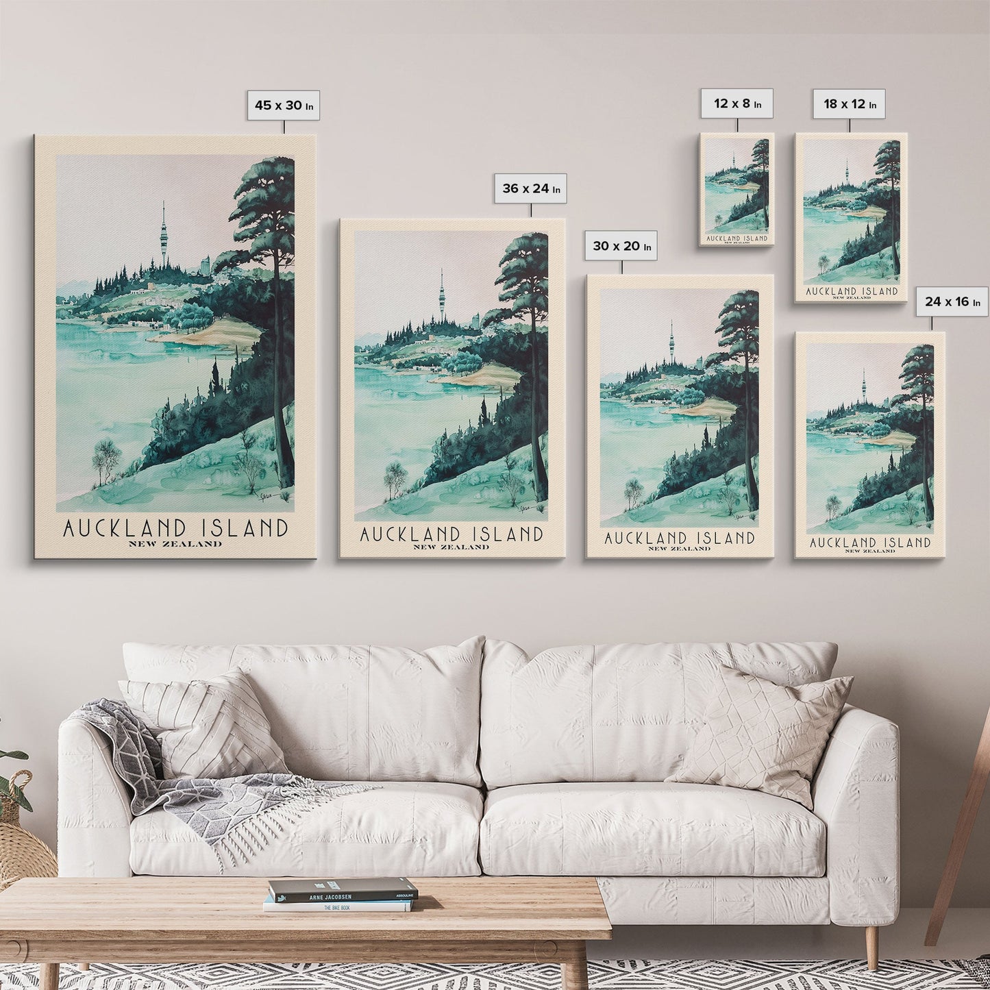 Auckland Island, New Zealand Watercolor Print, Vacation Gift, New Zealand Wall Art, Beach Painting, Beach Decor, Large Wall Art, Wood Frame Art