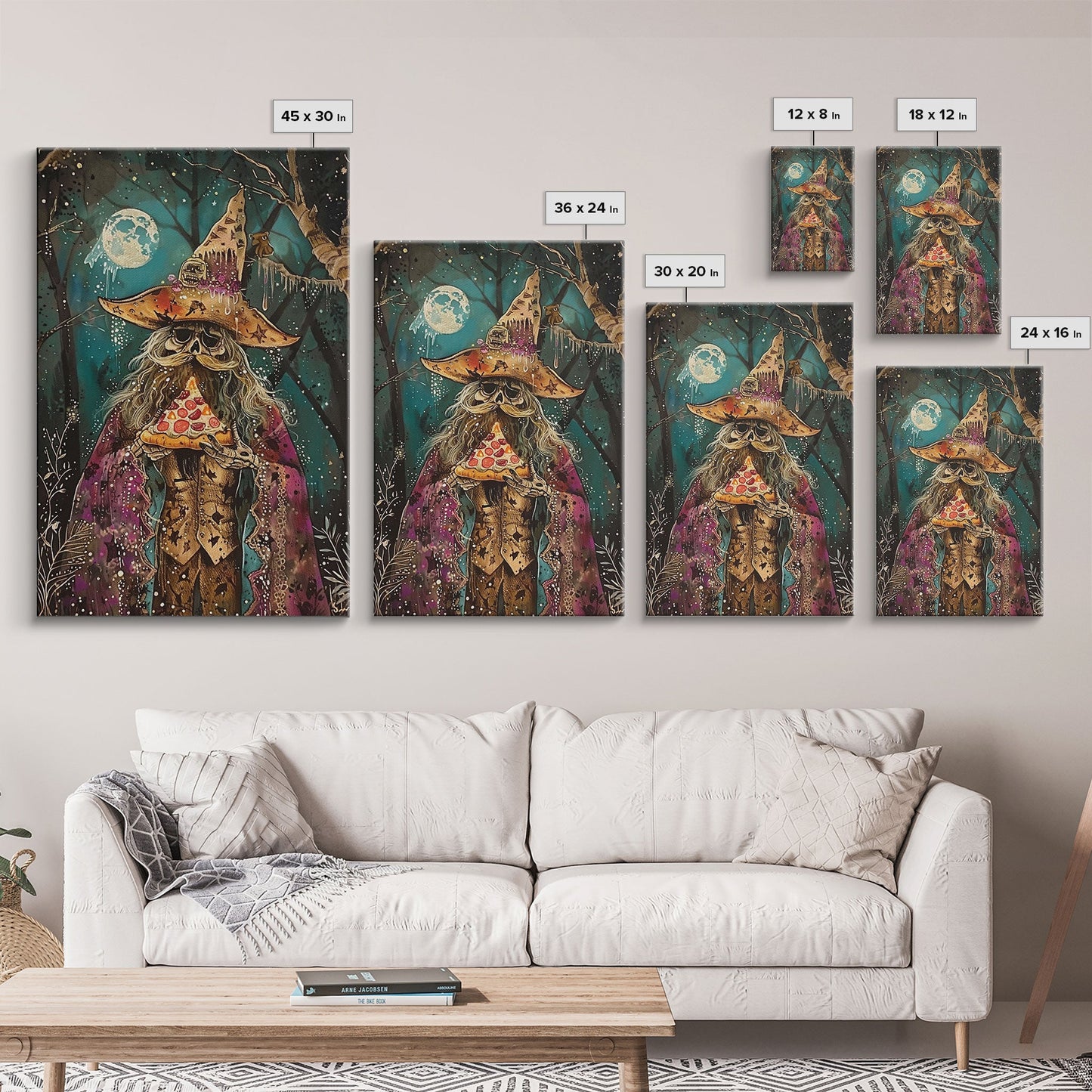 Ghostly Wizard Having A  Slice of Pizza, Funny Halloween Decor, Framed Canvas Print