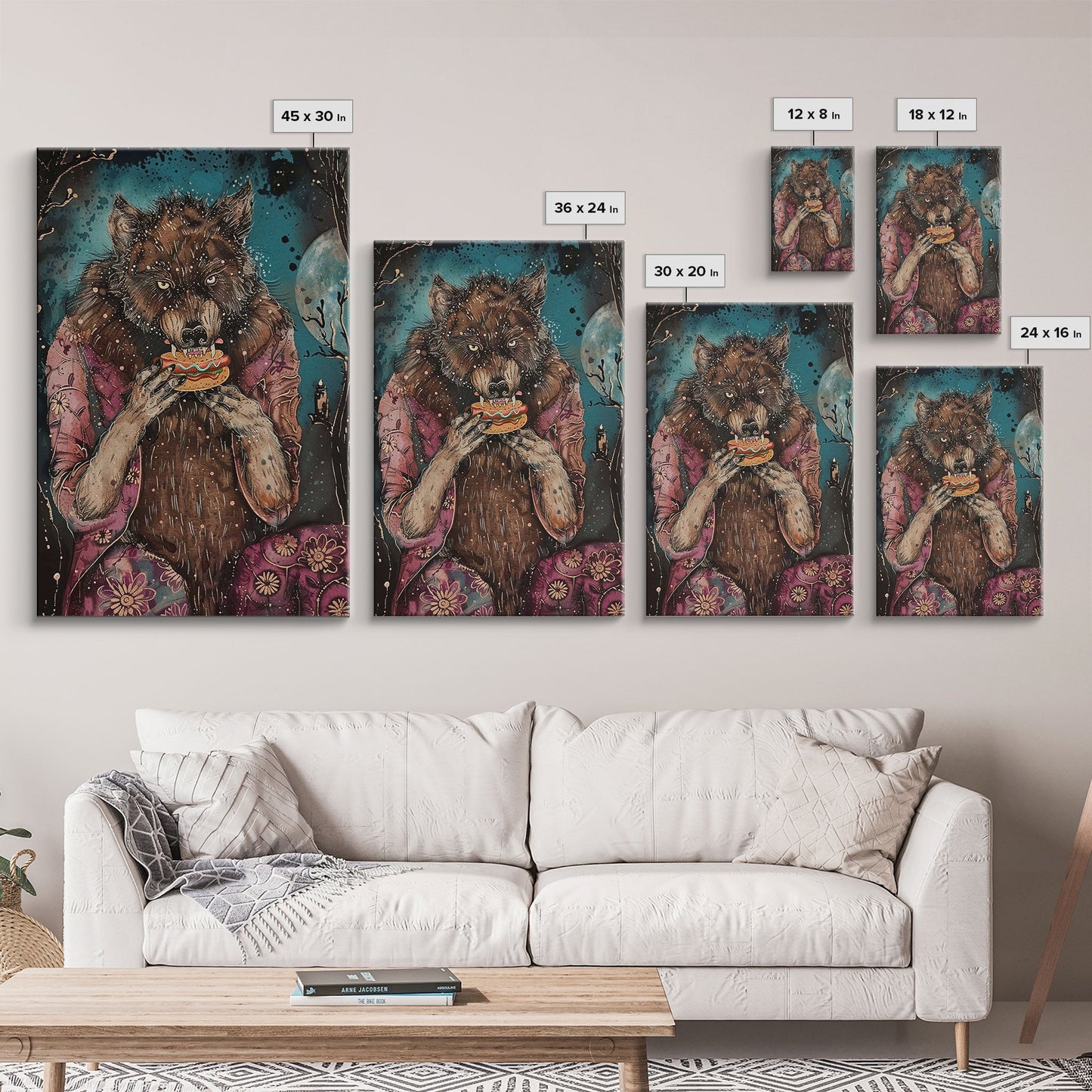 Halloween Werewolf Enjoying Hotdog, Framed Canvas Print, Wall Art, Home Decor, Spooky Artwork, Fantasy Decor, Halloween Decor, Holiday Gift