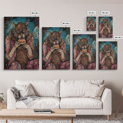 Halloween Werewolf Enjoying Hotdog, Framed Canvas Print, Wall Art, Home Decor, Spooky Artwork, Fantasy Decor, Halloween Decor, Holiday Gift