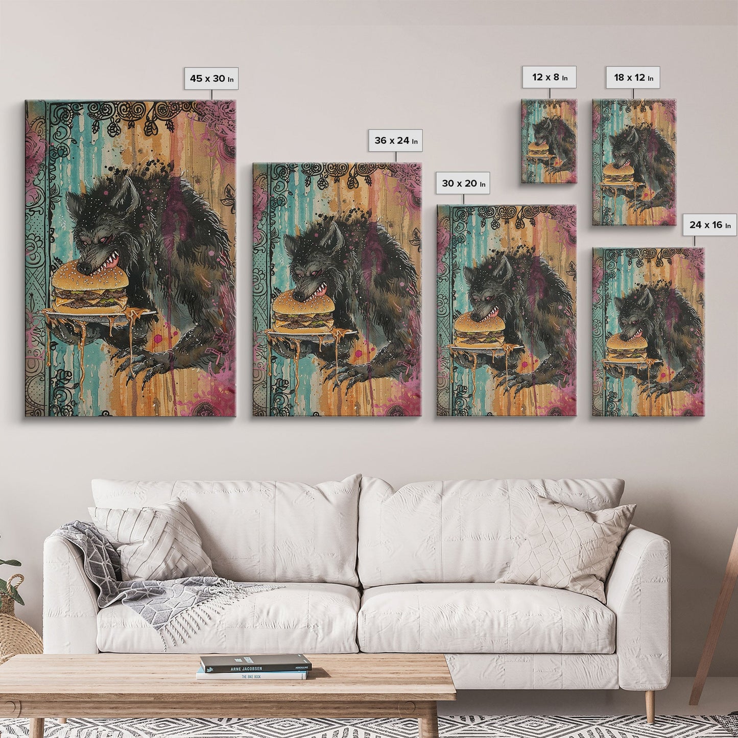 Halloween Creepy Werewolf with Burger Framed Canvas Print, Wall Art, Living Room Decor, Kitchen Art, Unique Halloween Gift, Spooky Decor