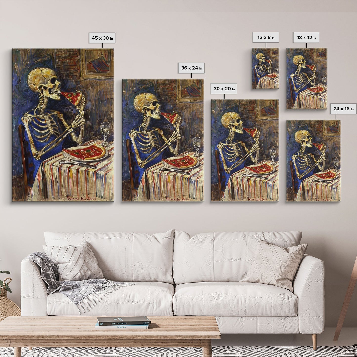 Funny Skeleton Eating A Pizza, Framed Canvas Print, Halloween Decor