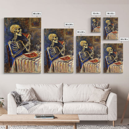 Funny Skeleton Eating A Pizza, Framed Canvas Print, Halloween Decor