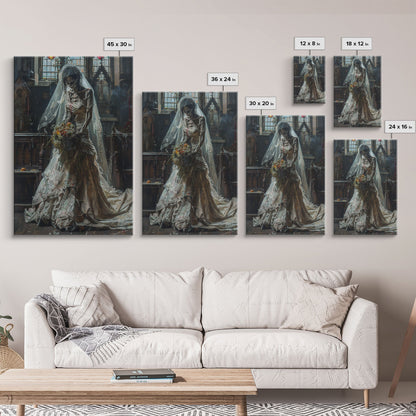 Ghostly Bride in Abandoned Church Framed Canvas Print | Halloween Bride Art | Eerie Bride Decor for Home | Haunted Wedding Artwork