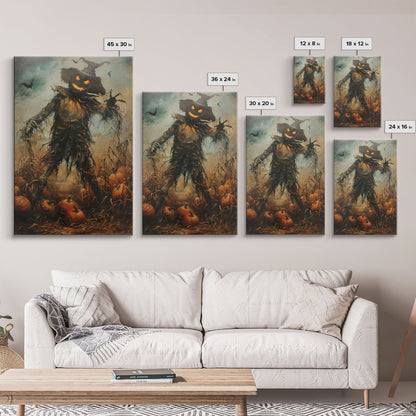 Sinister Scarecrow in Pumpkin Patch | Halloween Wall Art | Spooky Home Decor | Creepy Pumpkin Scarecrow Painting | Framed Canvas Print