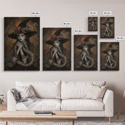 Mysterious Witch Holding Snake, Framed Canvas Print, Gothic Witch Art, Dark Fantasy Decor, Witch and Serpent, Halloween Accessories