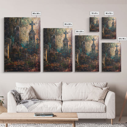 Düstere Friedhofskunst für Halloween, Gruselfriedhof, Spukfriedhof, unheimliche Grabsteine, dunkle Kunstwerke, gerahmter Leinwanddruck