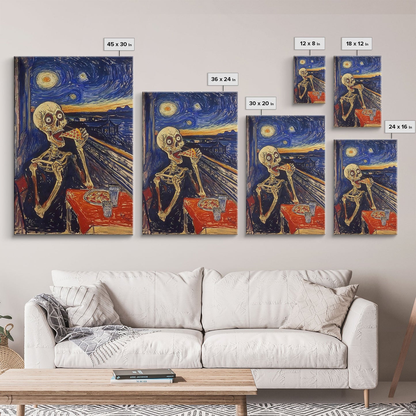 Spooky Skeleton Dude Eatin' a Pizza, Starry Night Inspired Funny Halloween Art, Framed Canvas Print