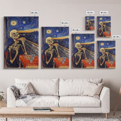 Spooky Skeleton Dude Eatin' a Pizza, Starry Night Inspired Funny Halloween Art, Framed Canvas Print