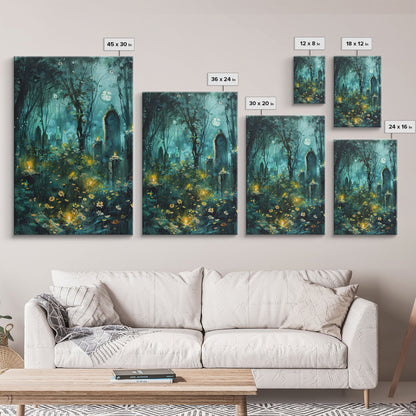 Haunted Forest Cemetery Framed Canvas Print, Wall Art, Spooky Graveyard Art, Eerie Home Decor Halloween Forest Painting Halloween Decoration