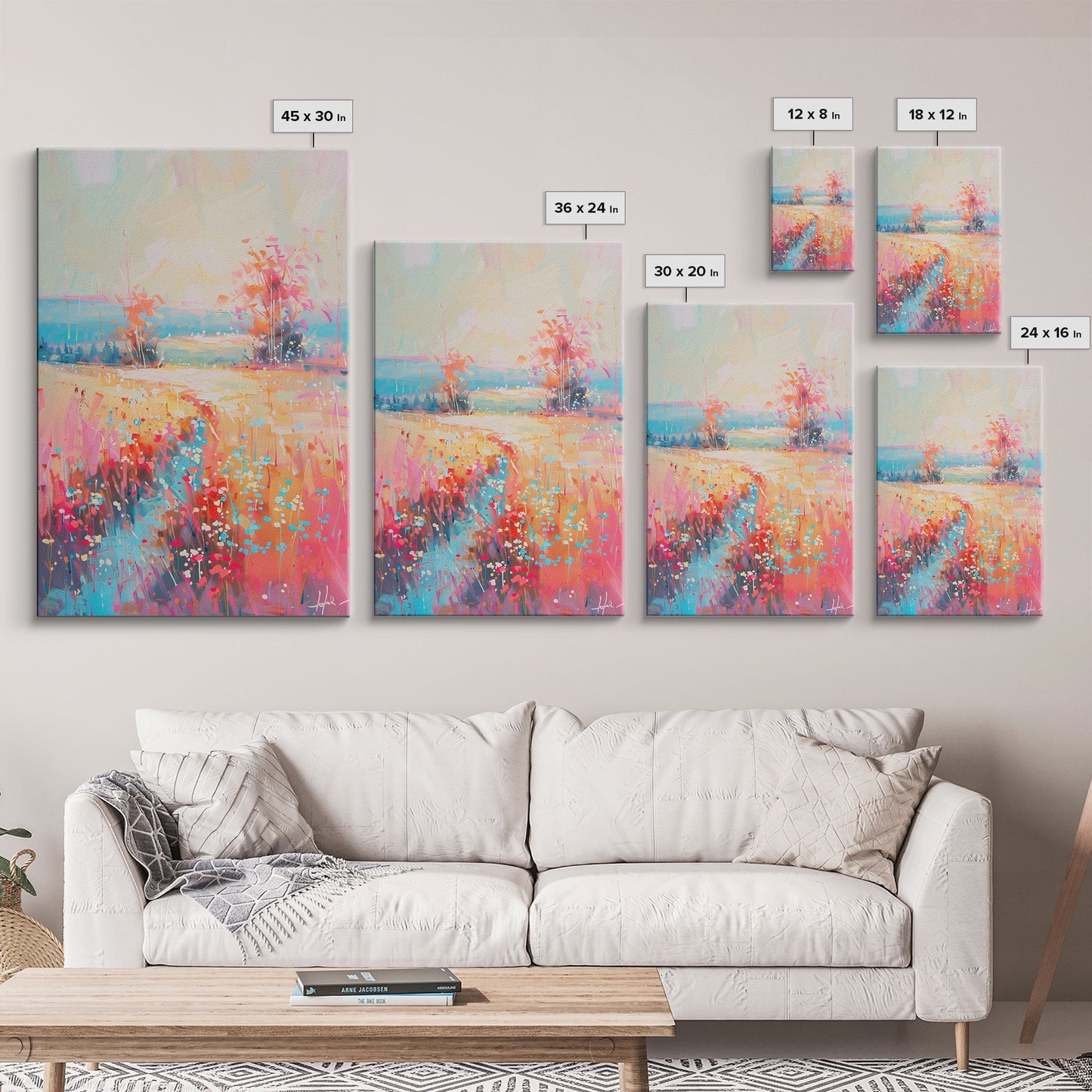 Luminous Landscape with Wildflowers - Framed Canvas Print, Radiant Living Room Art, Bright Bedroom Decor, Colorful Flower Art, Wall Art