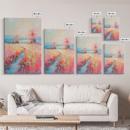Luminous Landscape with Wildflowers - Framed Canvas Print, Radiant Living Room Art, Bright Bedroom Decor, Colorful Flower Art, Wall Art