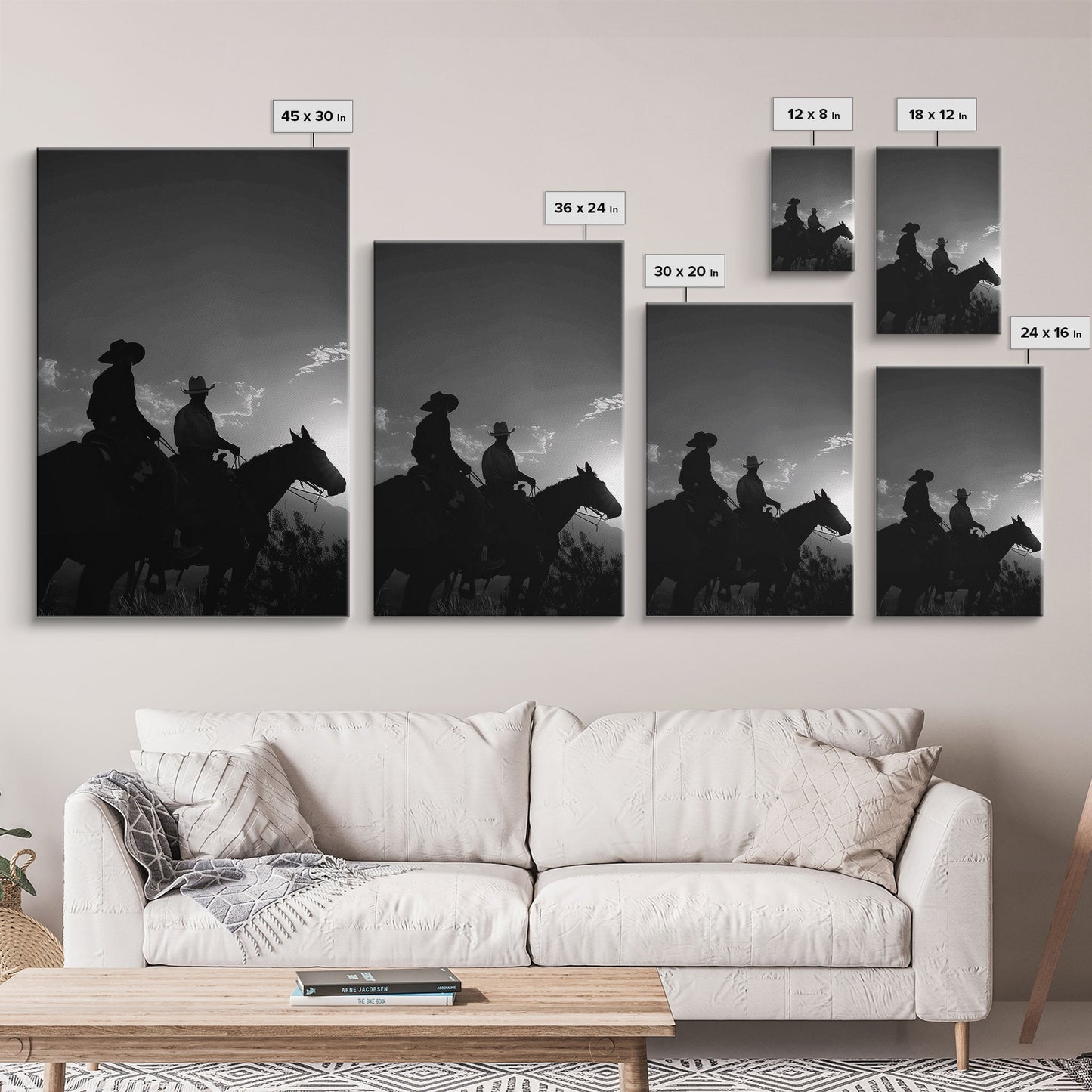 Two Cowboys Riding at Sunset in a Serene Black and White Western Landscape for Wall Art, Canvas Prints, Home Decor, Living Room Art