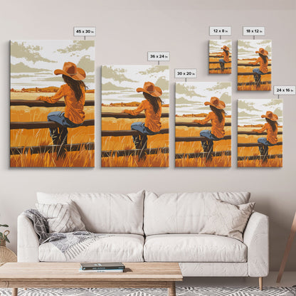 Contemplative Cowgirl on Fence Framed Canvas Print - Serene Western Decor, Country Wall Art for Living Room, Bedroom Artwork