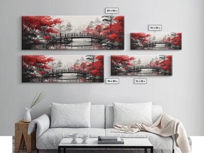 Japanese Hashi Bridge in The Spring, Framed Canvas Print, Japanese Maple Trees Along A Stream, Asian Inspired Art