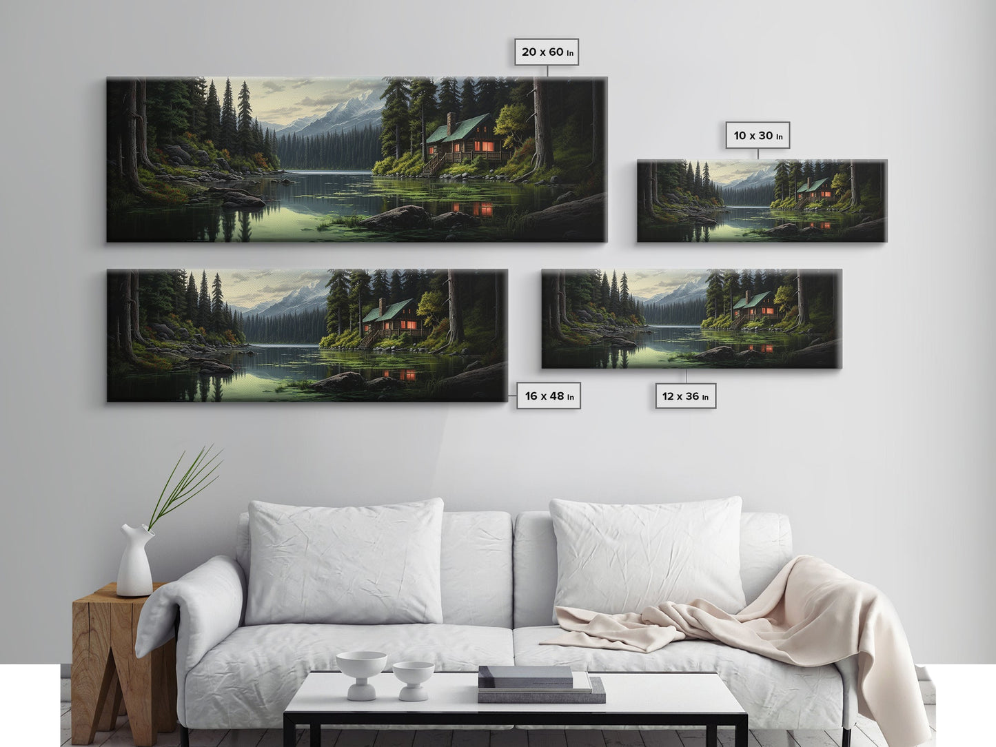 Cozy Cabin on The Lake, Framed Canvas Print, Farmhouse Decor, Landscape Painting, Unique Wall Art