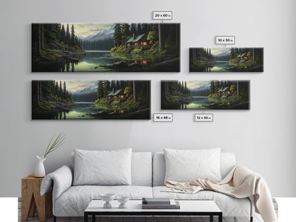 Cozy Cabin on The Lake, Framed Canvas Print, Farmhouse Decor, Landscape Painting, Unique Wall Art