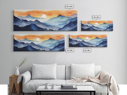 Midcentury Modern Watercolor Painting of a Mountain Sunset, Large Canvas Print, Mountain Artwork, Guest Room Art, Mountain Print