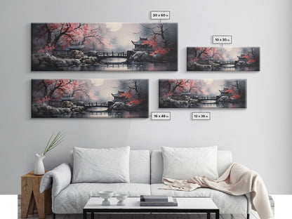 Japanese Hashi Bridge in The Spring, Framed Canvas Print, Japanese Maple Trees Along A Stream, Asian Inspired Artwork