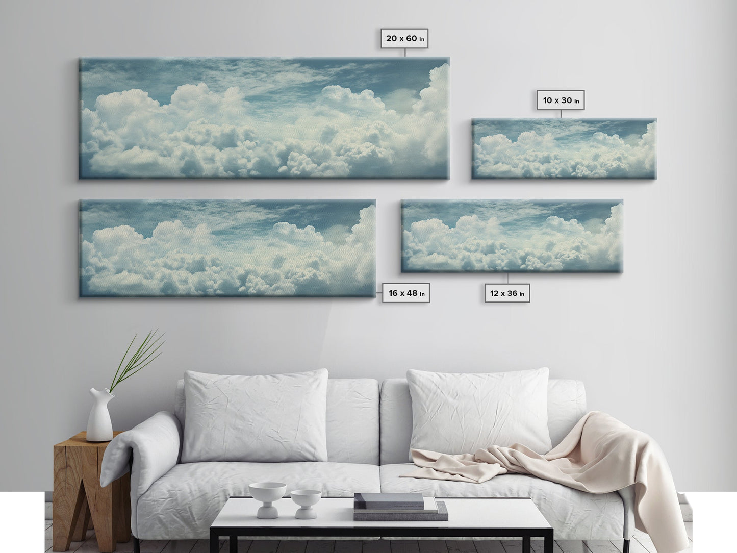 Panoramic Framed Canvas Wall Art Set Pastel Cloud Blue Sky Nature Landscape Prints Minimalist Modern Art Nature Wall Decor Framed Canvas