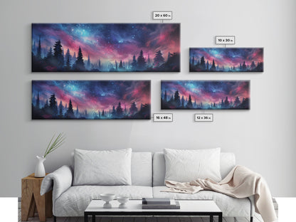 Watercolor Painting Of A Starry Night, Framed Canvas Print, Beautiful Nature Panoramic, Alaska Wilderness Art