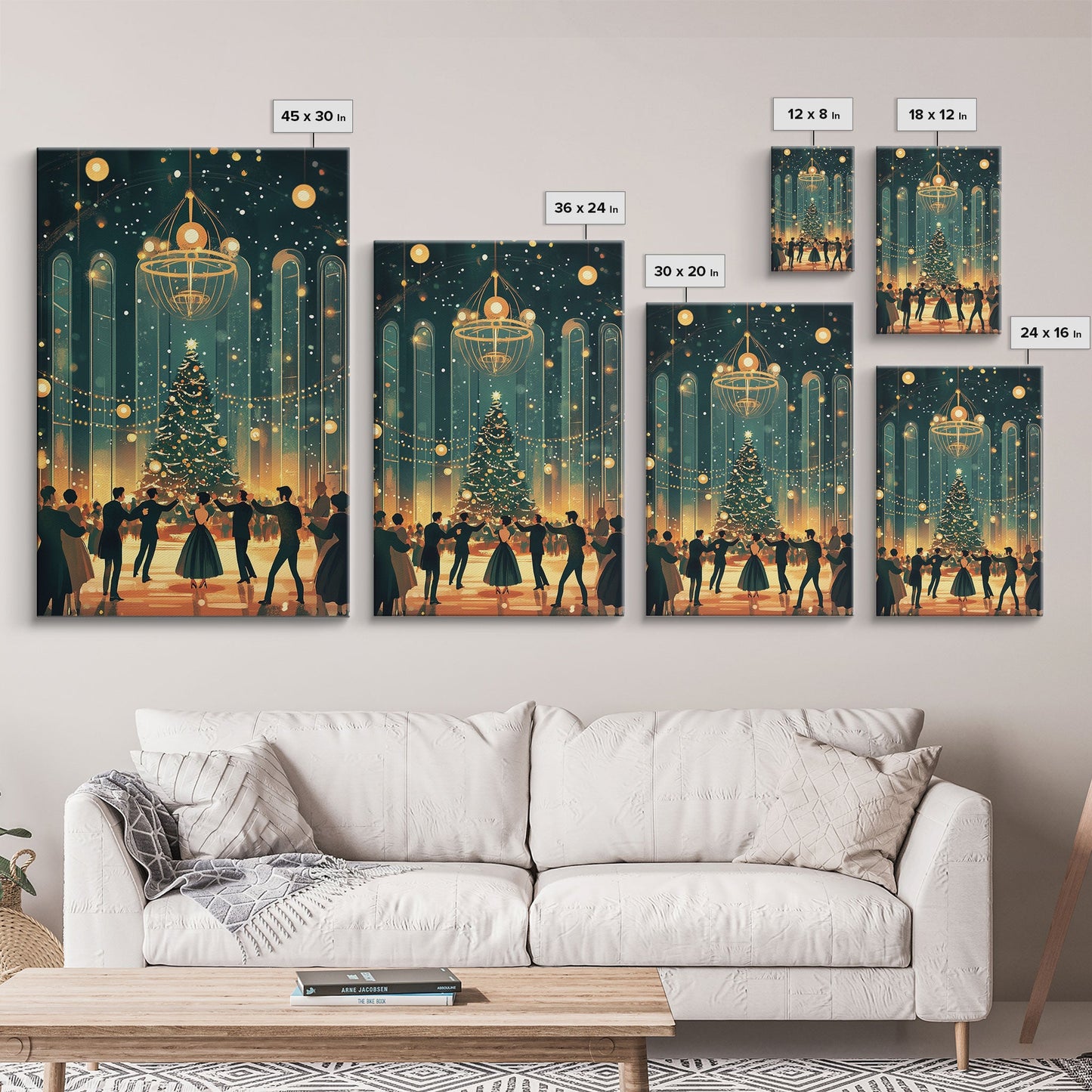 Elegant Ballroom Christmas Dance Scene with Holiday Lights and Decorations, Perfect Holiday Decor for Winter Wonderland, Framed Canvas Print