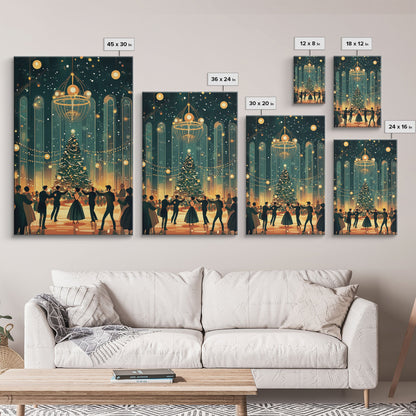 Elegant Ballroom Christmas Dance Scene with Holiday Lights and Decorations, Perfect Holiday Decor for Winter Wonderland, Framed Canvas Print