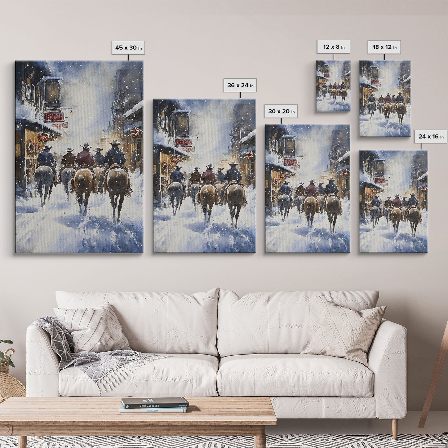 Cowboys Riding Into Town On Christmas, Western Christmas Decor, Framed Canvas Print, Christmas Outdoor Decor, Christmas poster