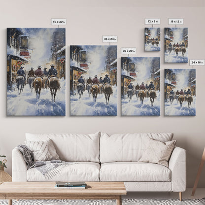 Cowboys Riding Into Town On Christmas, Western Christmas Decor, Framed Canvas Print, Christmas Outdoor Decor, Christmas poster