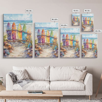 Weihnachts-Surfbretter am verschneiten Strand, gerahmter Leinwanddruck, tropische/maritime Weihnachtskunst oder Geschenkidee, Weihnachtsposter