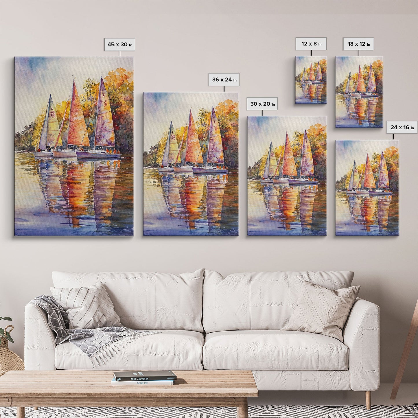 Colorful Sailboats Reflected On Water Framed Canvas Print Fall Nautical Wall Art Coastal Decor Best Gift Idea Holiday Wall Art